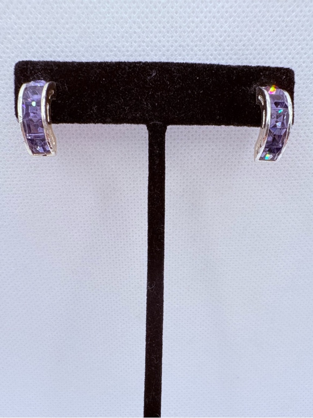 Vintage Roman Purple Square Cut Channel CZ Earrings Half Hoop Silvertone